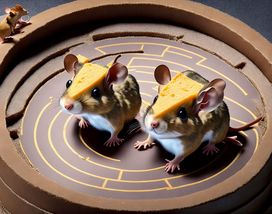 Cartoon mice with cheese slice ears in circular maze with frog