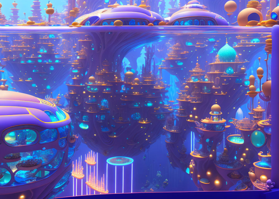 Futuristic Underwater City with Illuminated Domes and Vehicles