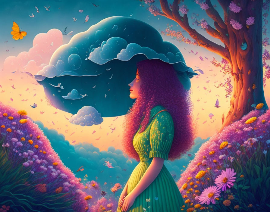 Surreal illustration of woman with cloud head in vibrant floral scene