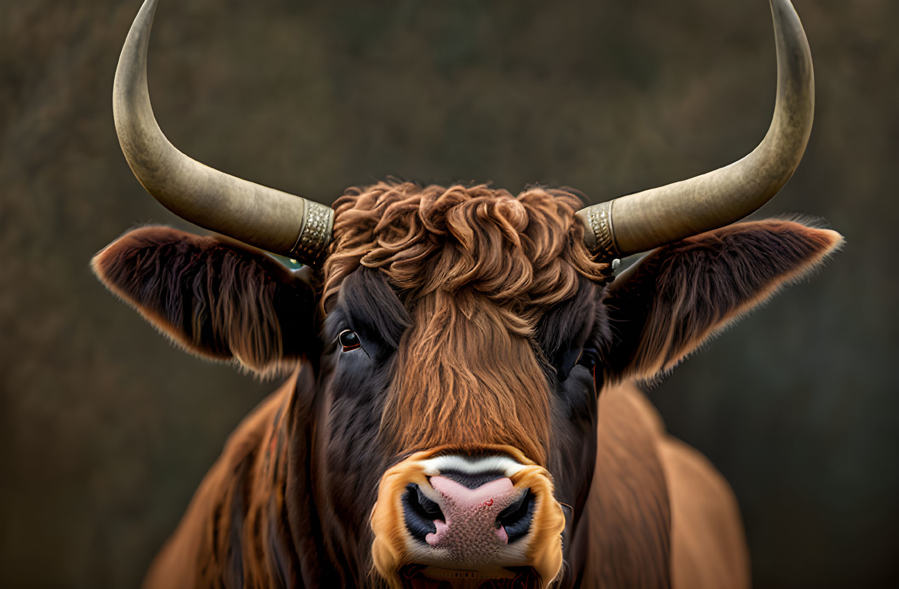 Shaggy brown Highland cow with long horns in close-up shot