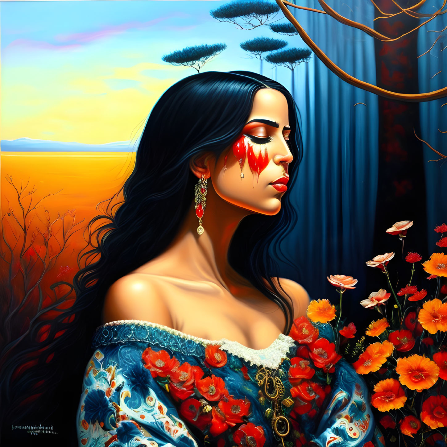 Dark-haired woman in floral dress with tear of blood, vibrant flowers, sunset background