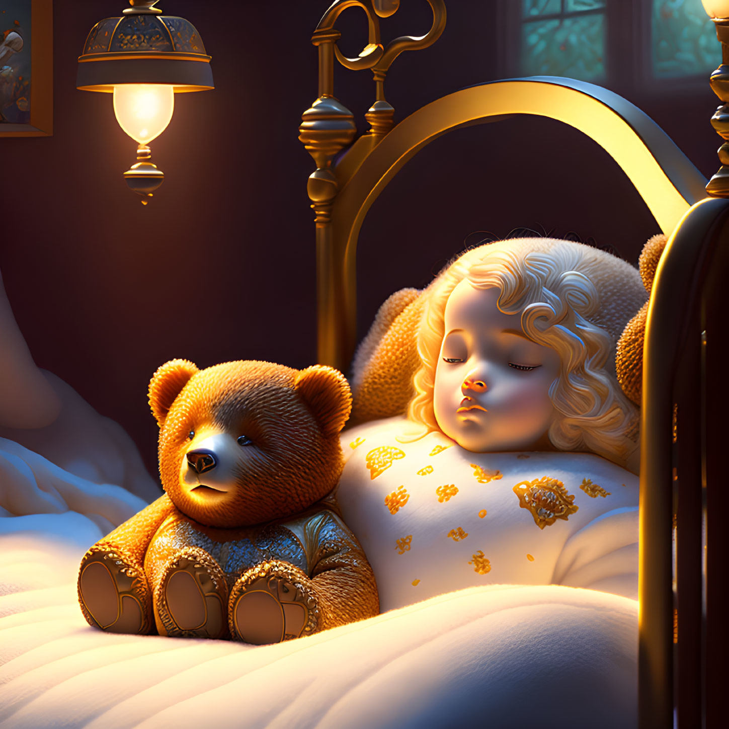 Young child sleeping peacefully with teddy bear under warm bedside lamp glow