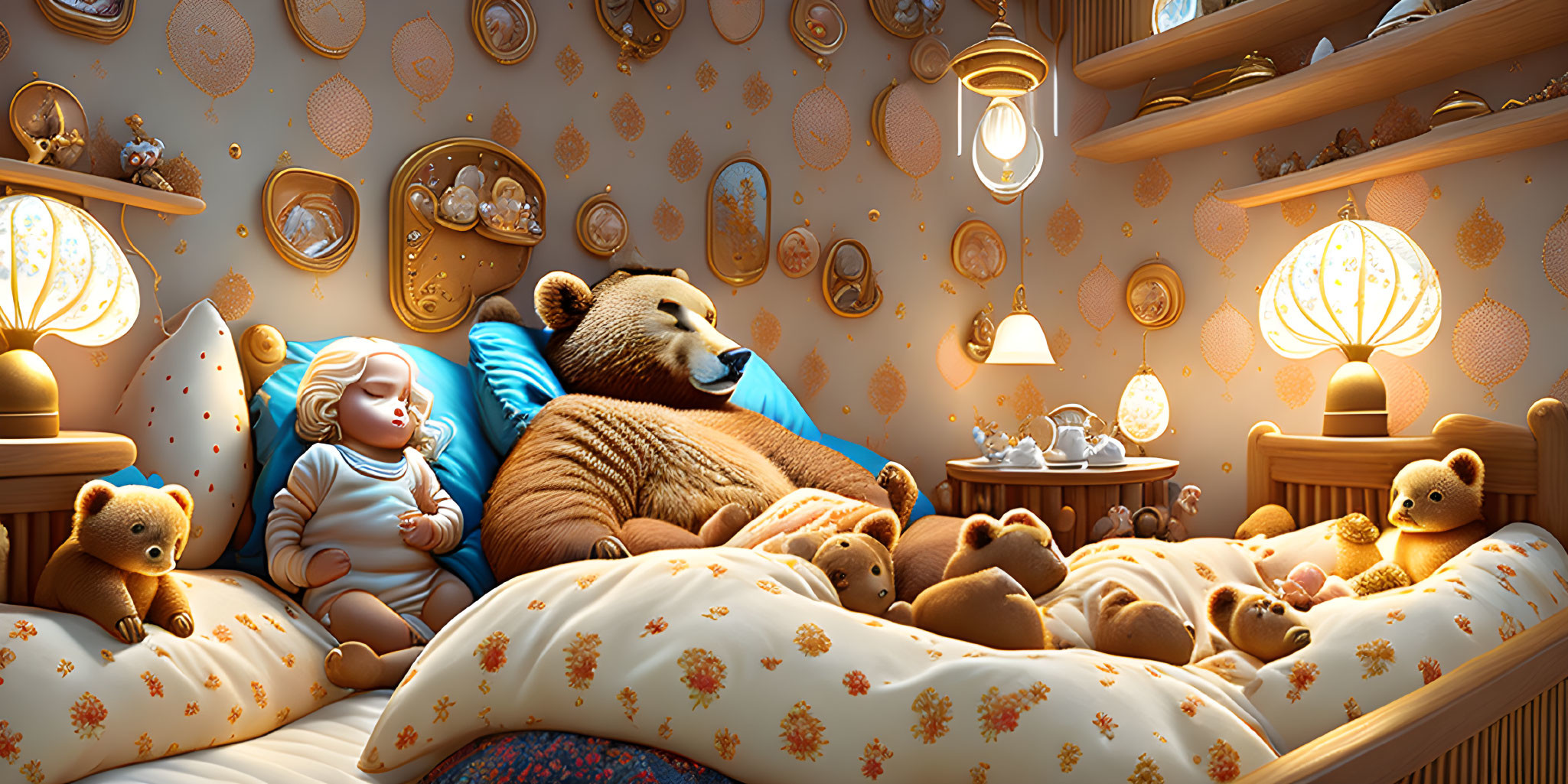 Child and bear snuggle in cozy bedroom with teddy bears and whimsical decor