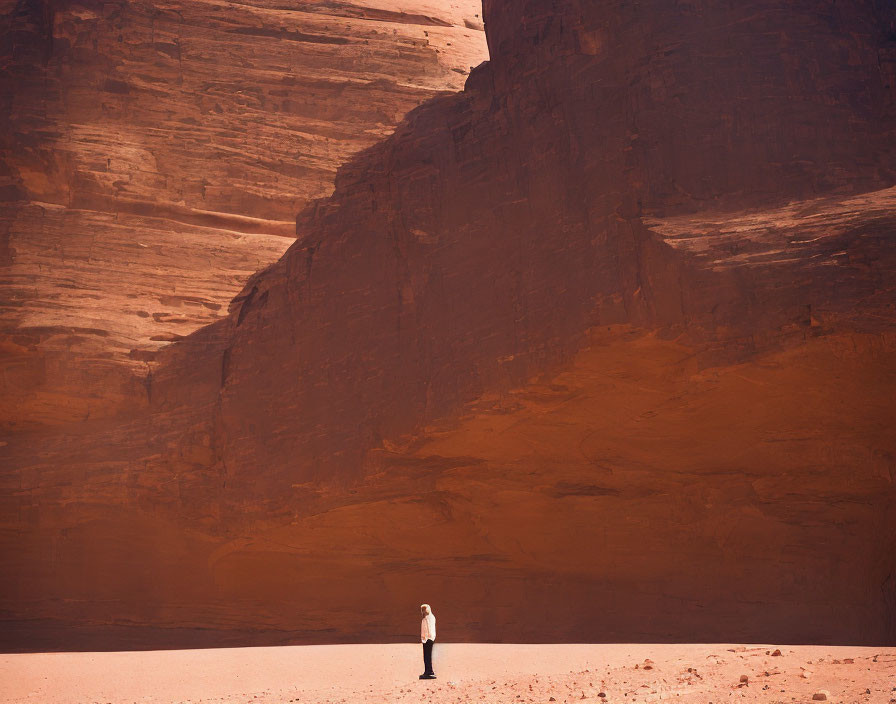 Solitary figure in vast desert with red sandstone cliffs