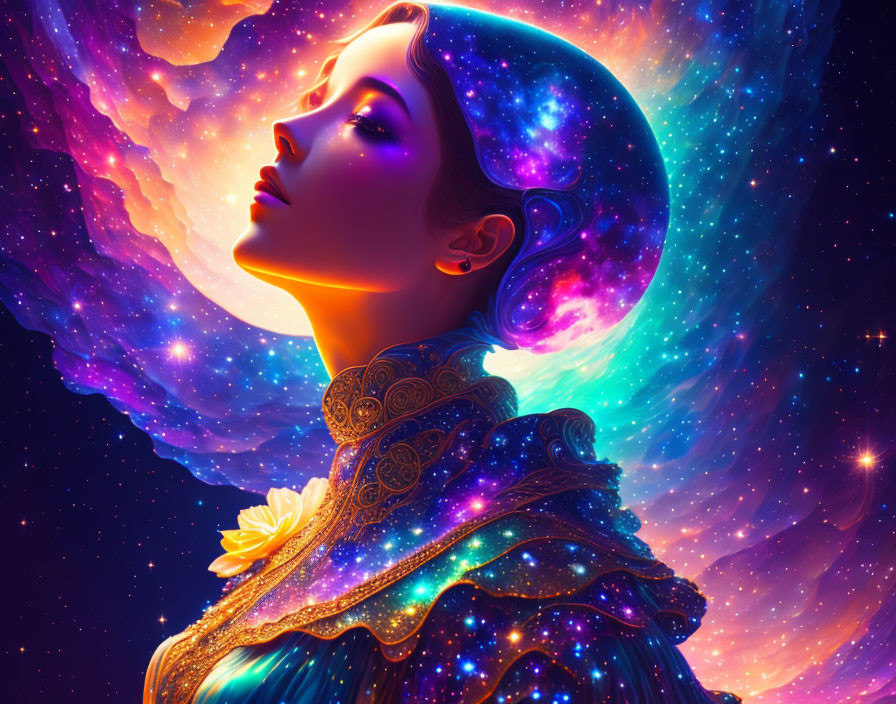 Digital artwork: Woman with cosmic elements in silhouette against starry backdrop