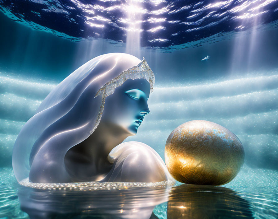 Surreal underwater scene: glowing woman and luminous orb submerged in sunlit ocean