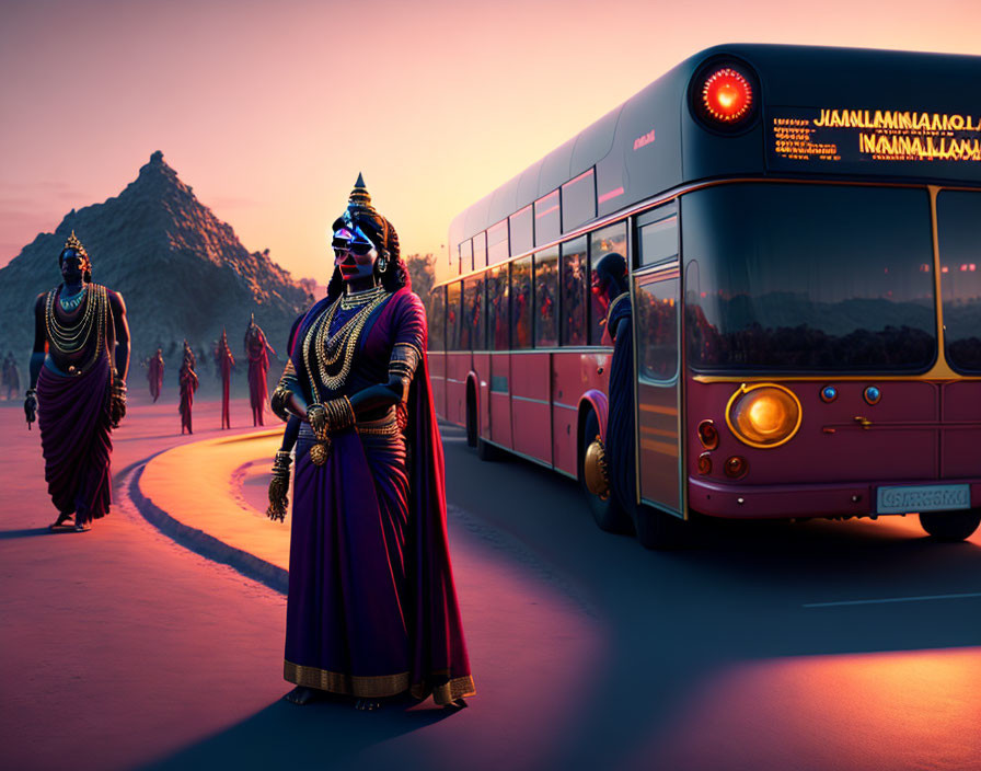 Costumed Figures Resembling Indian Deities Walk Alongside Bus at Sunset