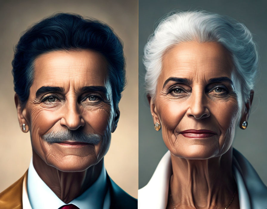 Elderly couple digital artwork: man with mustache on left, woman on right calm.