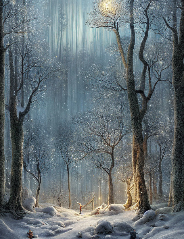 Person with Torch in Snowy Enchanting Forest with Magical Light