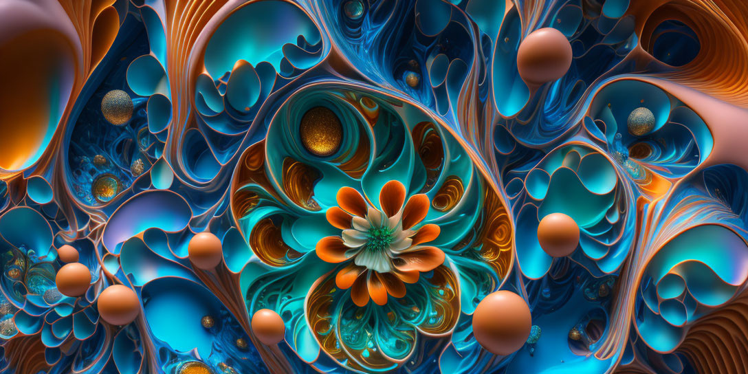 Intricate Fractal Design with Orange and Blue Floral Patterns