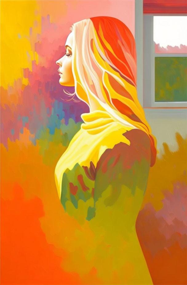 Vibrant side-profile painting of a woman gazing out a window