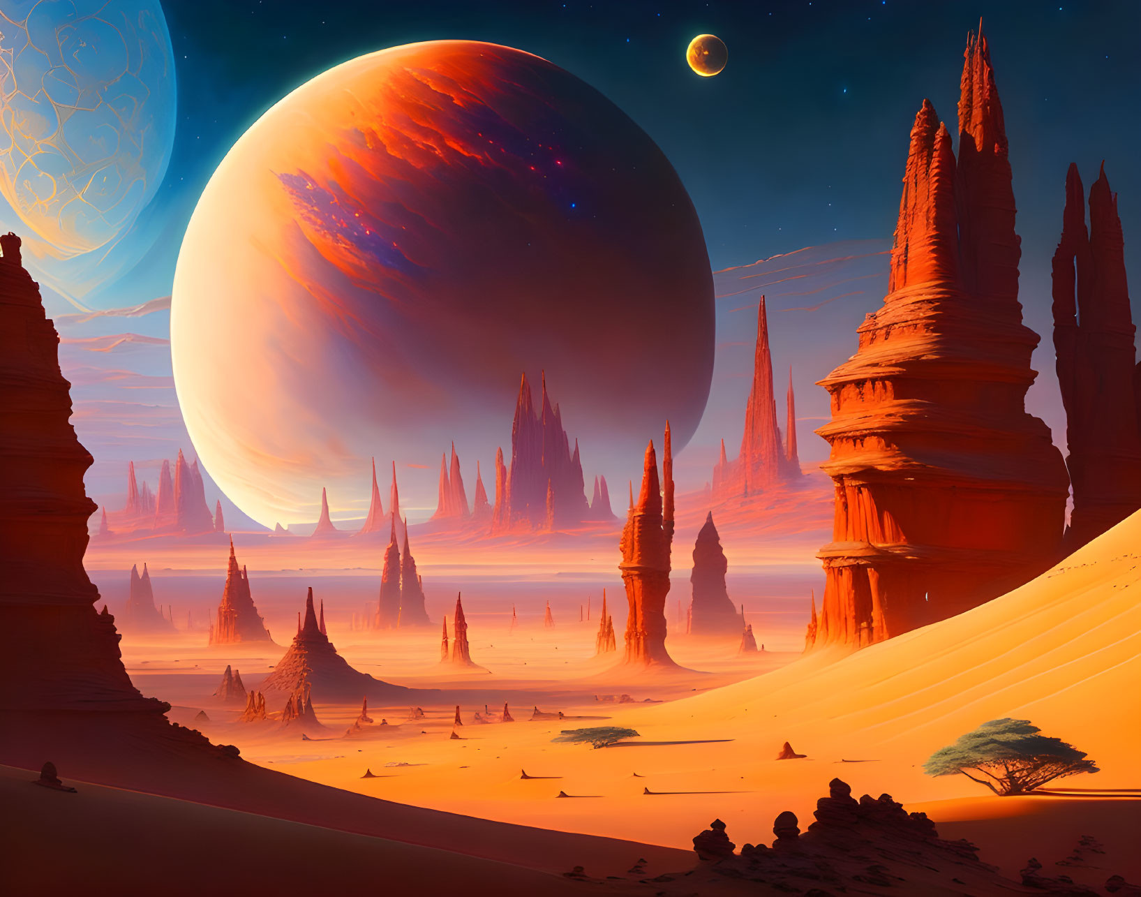 Alien planet and moon over fantastical desert landscape