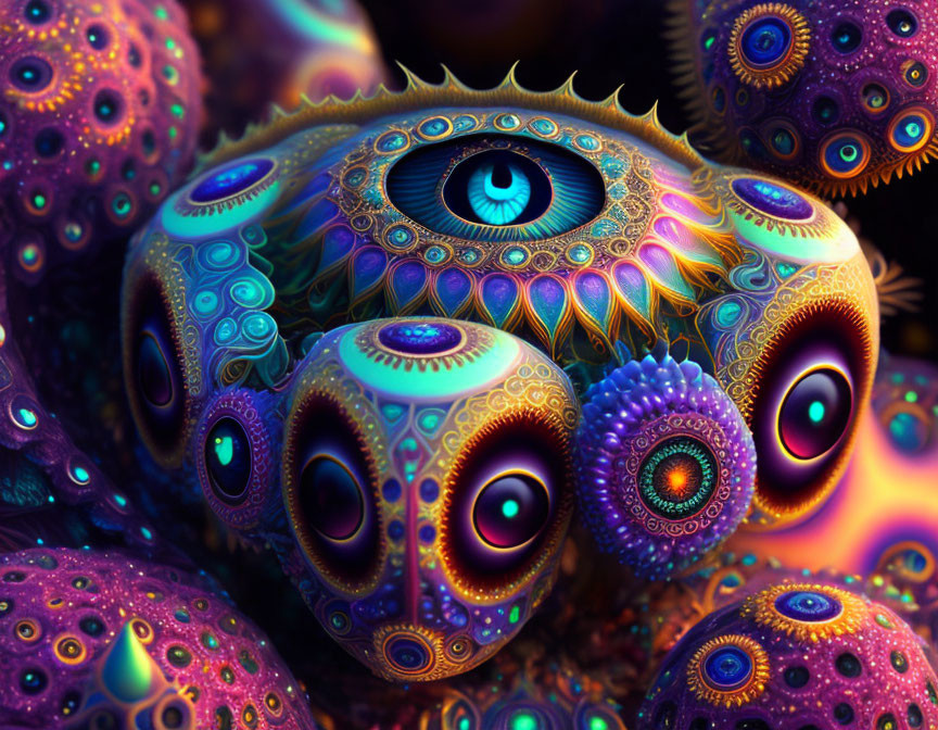 Colorful digital artwork with central eye and intricate patterns