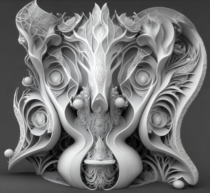 Symmetrical 3D fractal design with swirls, orbs, & lace-like textures