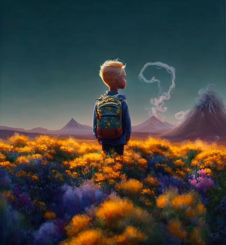 Boy in backpack admiring vibrant flower field and distant mountains.