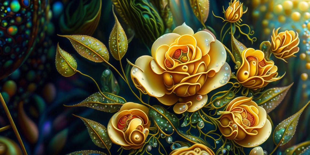 Stylized golden roses with intricate patterns on dark background