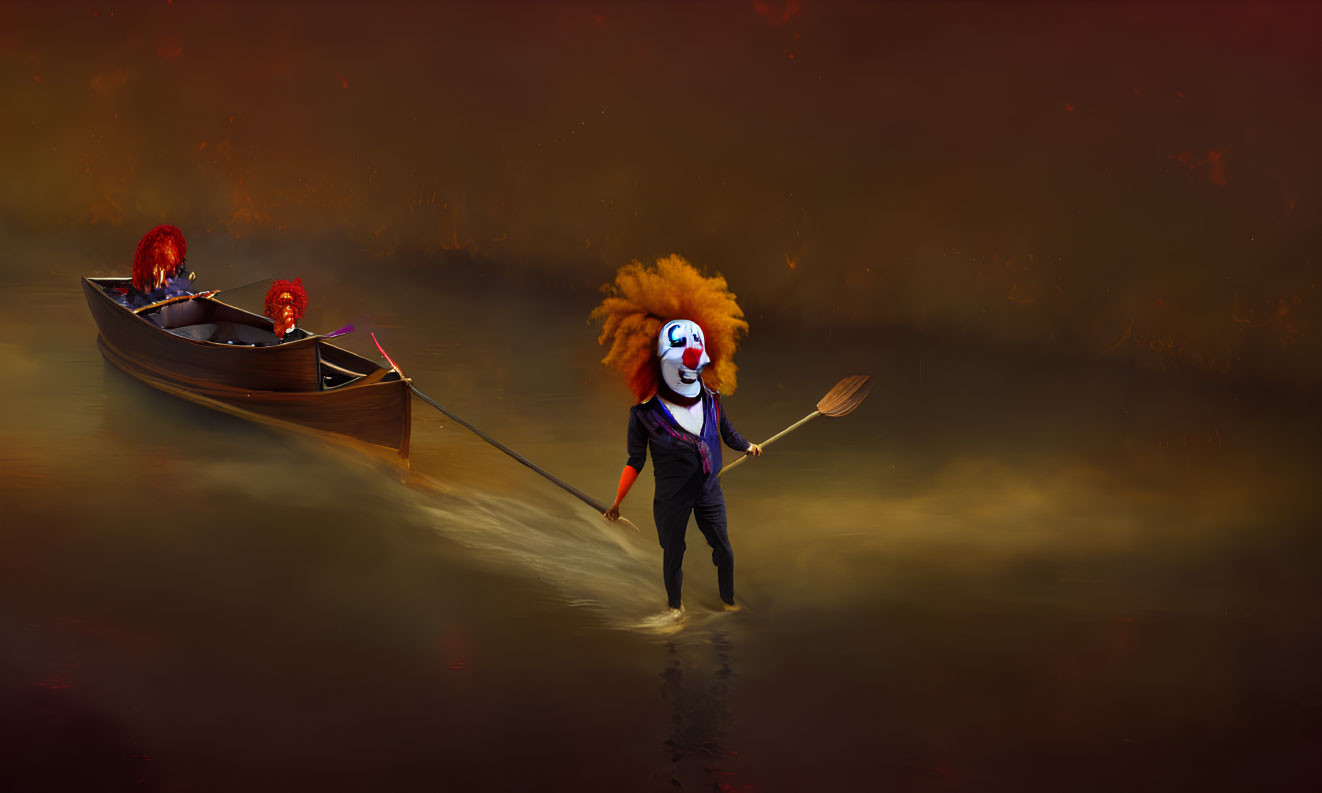 Clown mask figure guides boat in misty waterway