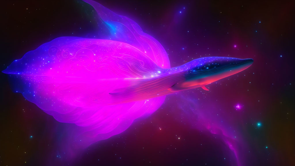 Colorful digital artwork: Whale-like creature in cosmic setting