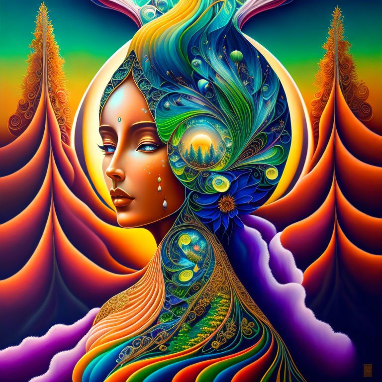 Vibrant digital artwork: stylized woman with surreal landscape and psychedelic background