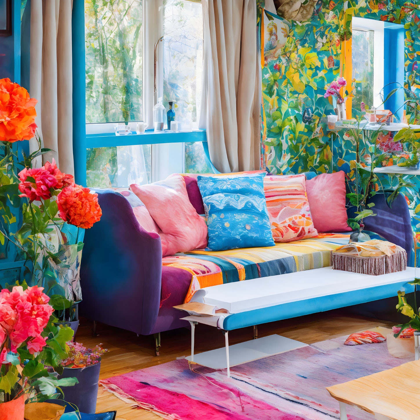 Colorful living room with multicolored sofa, bright cushions, and floral wallpaper