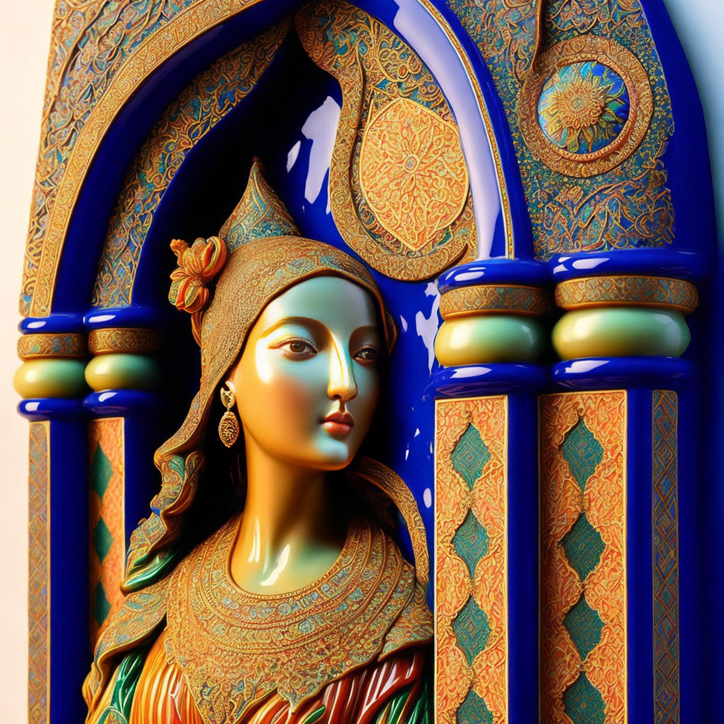 Colorful 3D Artwork of Woman in Traditional Attire Against Ornate Archway