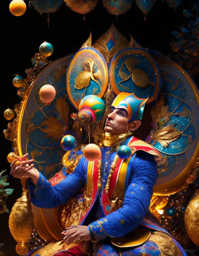 Person in Blue and Gold Costume with Headdress Surrounded by Golden Orbs and Designs