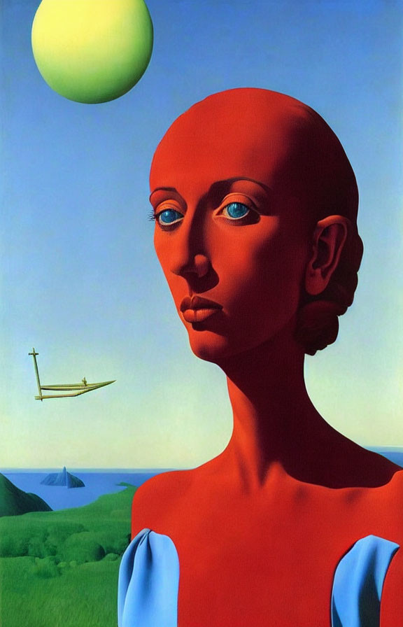 Red-skinned figure with blue eyes in surreal landscape with sea, sun, and aircraft