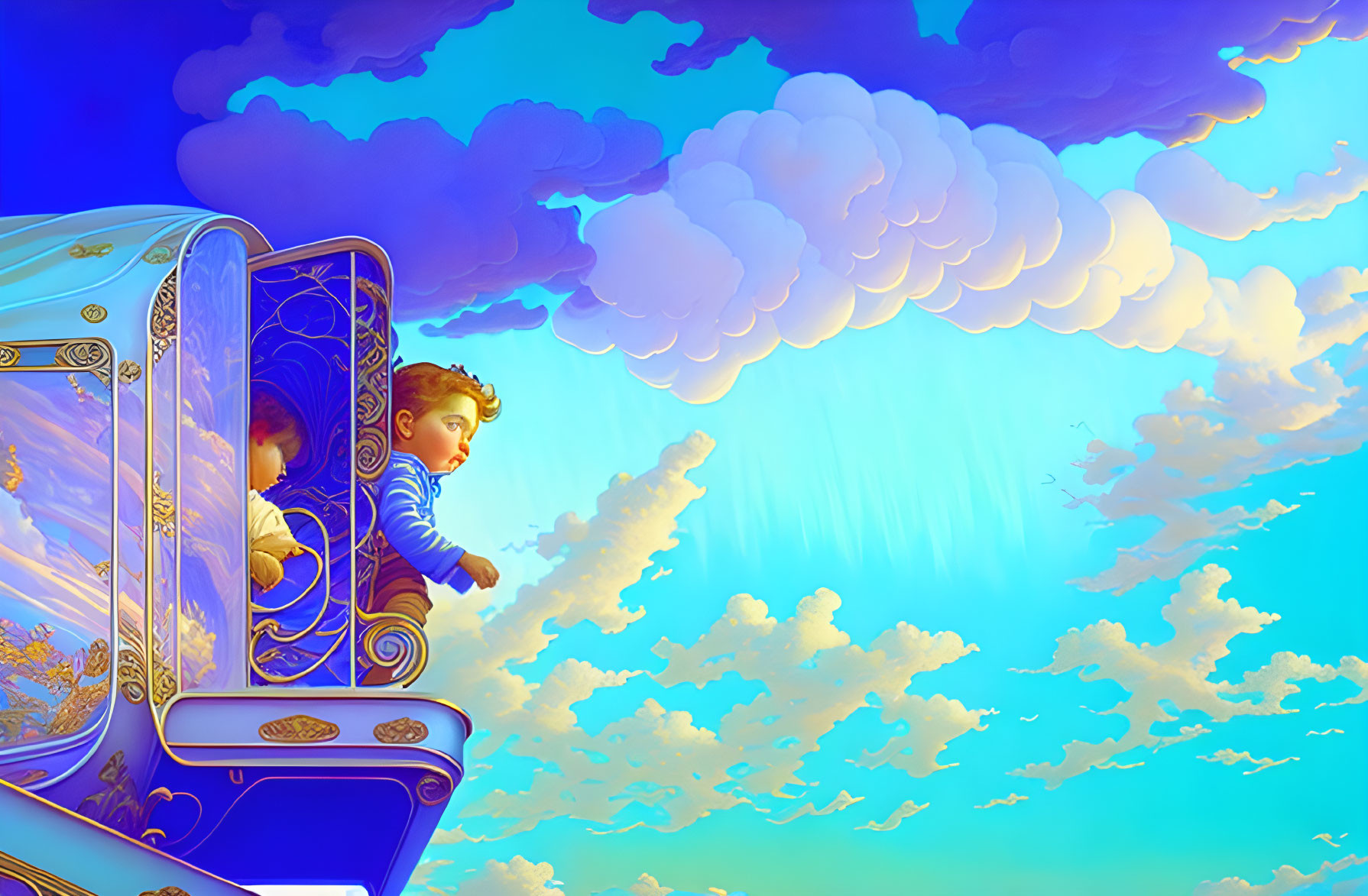 Child in ornate floating train amid blue clouds