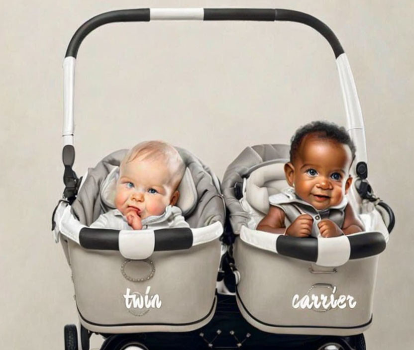 Twin Babies in Double Stroller: 'Twin' and 'Carrier' Labels, Diversity and