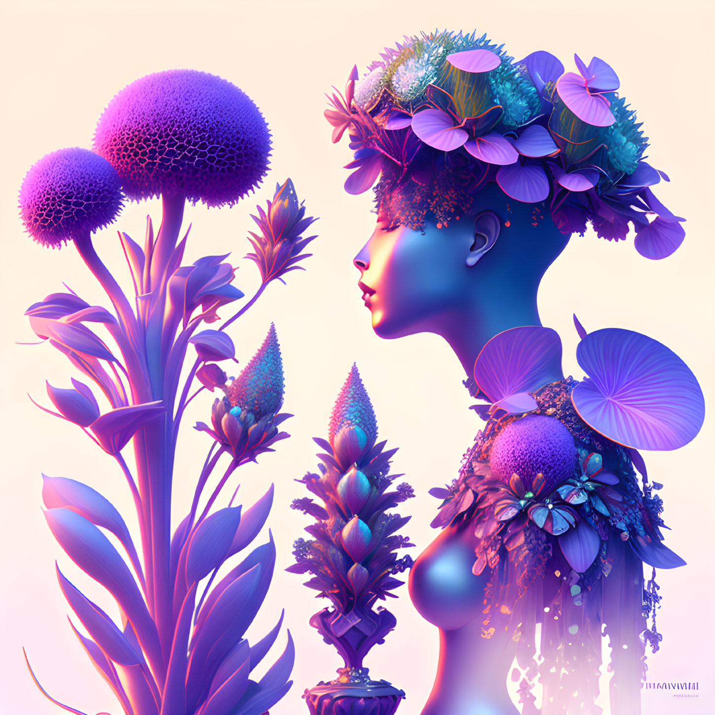 Surreal blue-skinned woman with botanical features and flower hair on pastel backdrop