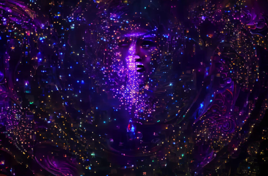 Colorful cosmic face in swirling patterns and stars on digital art piece