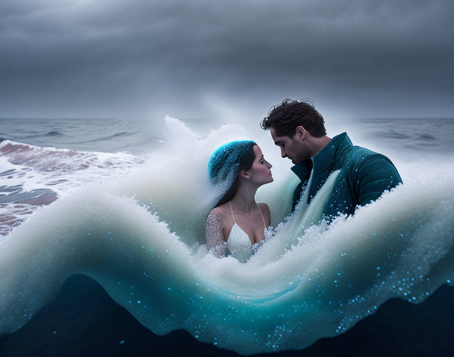 Romantic couple embraced by heart-shaped ocean waves under stormy sky
