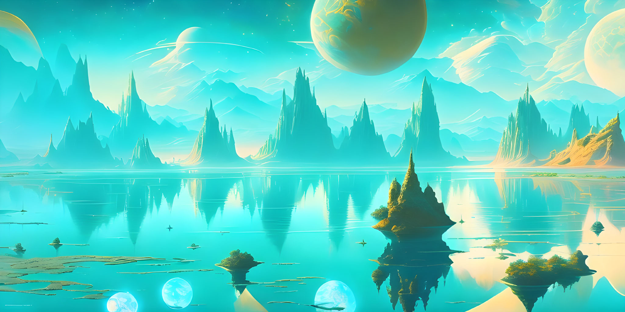 Sci-fi landscape with towering spires, water, crystals, celestial bodies.