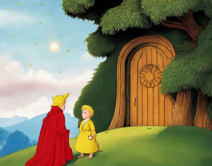 Child in yellow outfit with golden crown meets taller figure in red cloak near round door tree