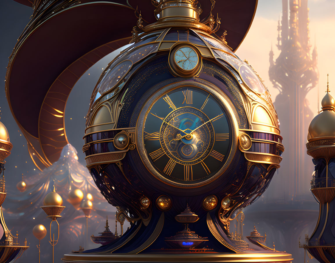 Steampunk-style ornate clock with golden details and Roman numerals in a fantastical setting.