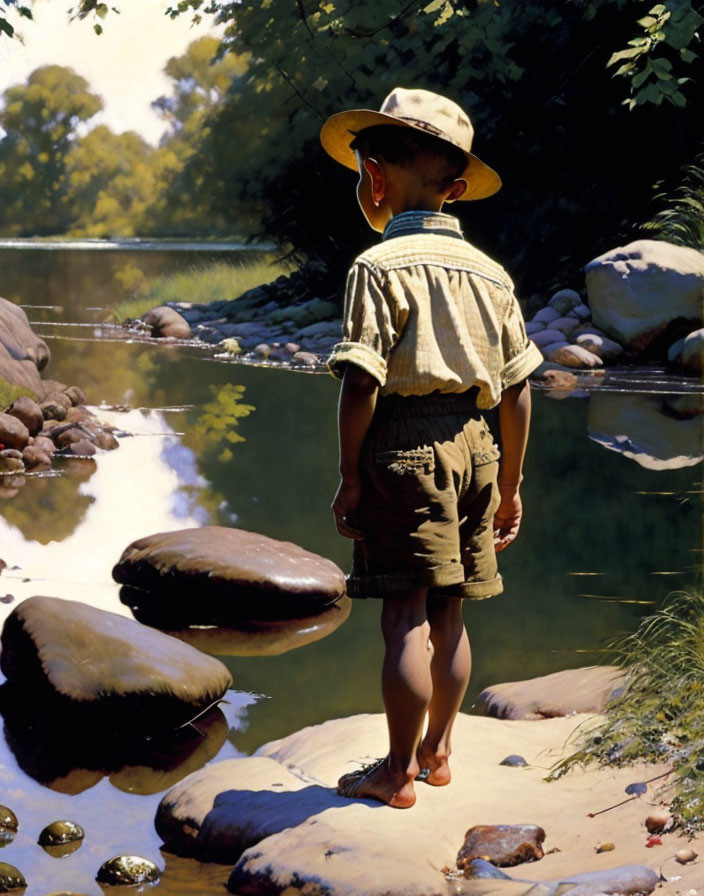 Young boy in straw hat and suspenders fishing by calm stream