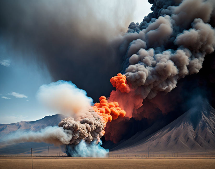 Industrial structure emits billowing smoke and fire against mountain backdrop