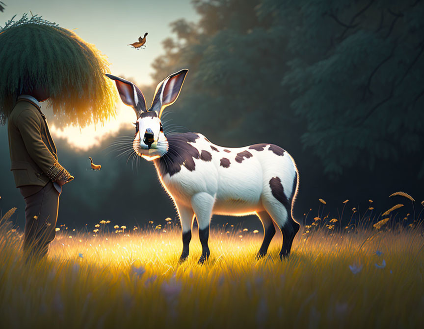 Person in jacket faces surreal rabbit-deer creature in magical forest clearing