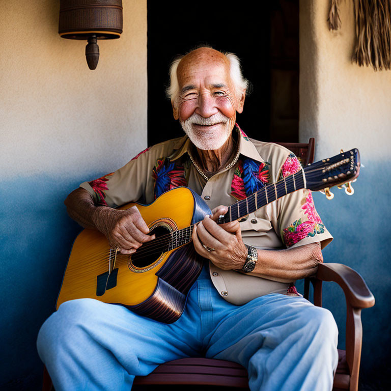 Elderly man playing guitar in floral shirt against blue backdrop