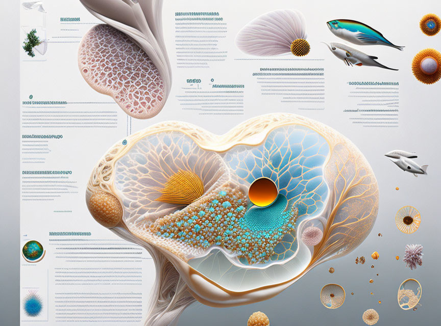 Detailed Biological Chart of Cellular Structures and Marine Organisms on White Background