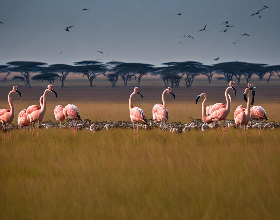 Pink flamingos in grass with trees and flying birds against hazy sky