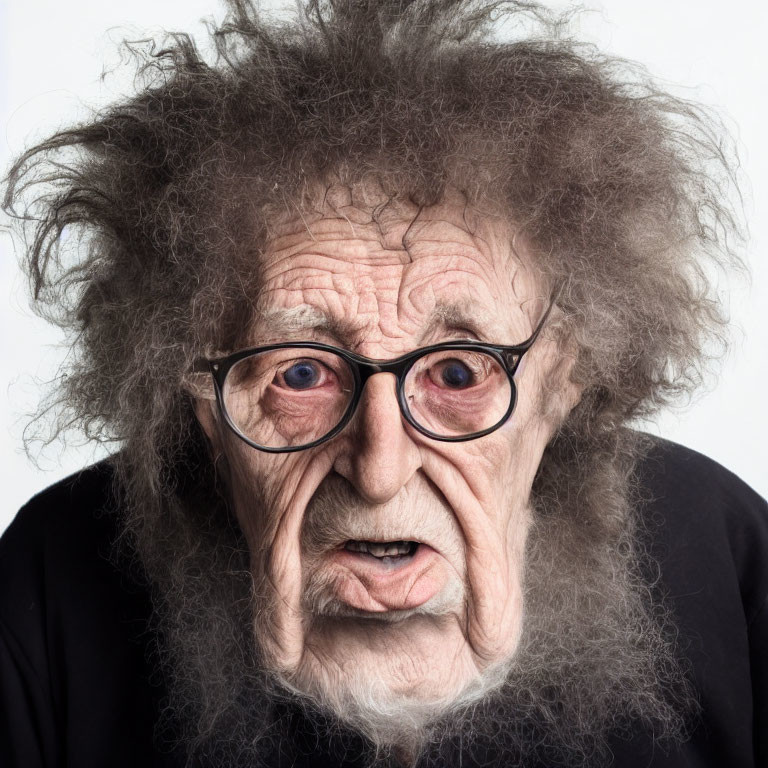 Elderly person with bushy gray hair and large glasses on white background