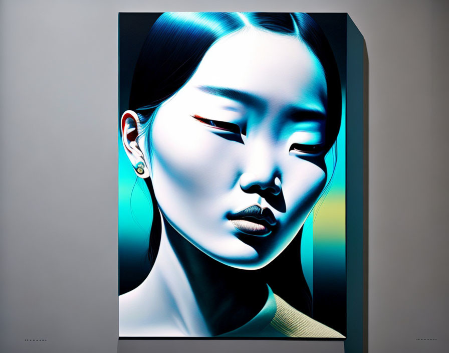 Digital portrait of Asian woman with exaggerated features in blue tones in modern gallery