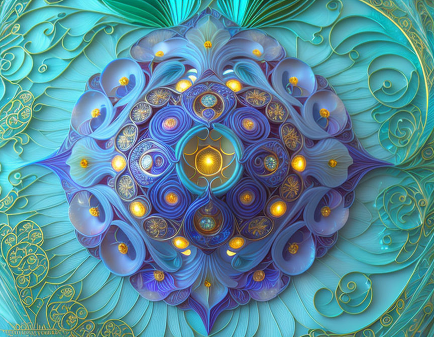 Intricate Blue and Gold Fractal Image with 3D Effect