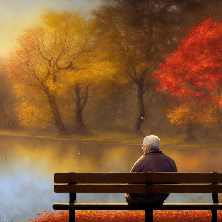 Tranquil lake scene with elderly person on park bench