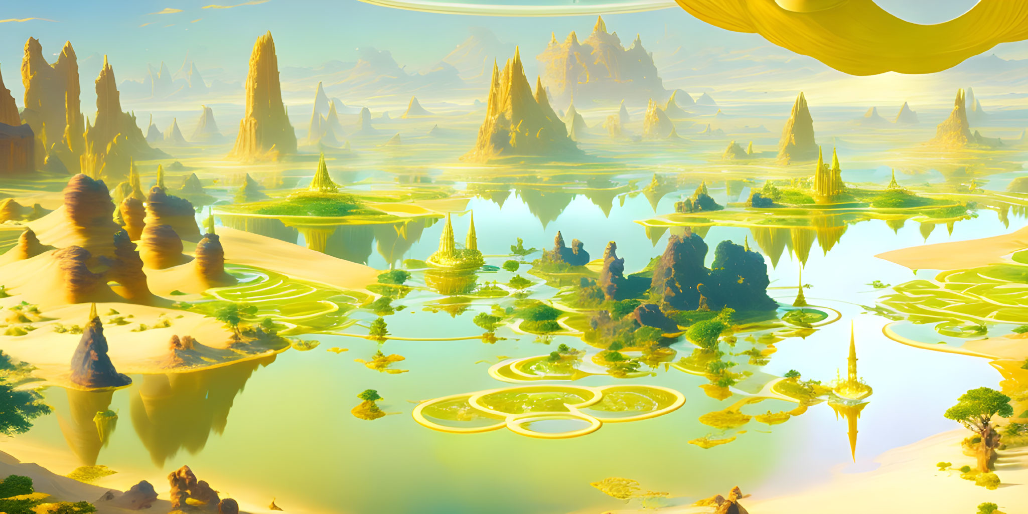 Surreal landscape with golden spires and reflective water