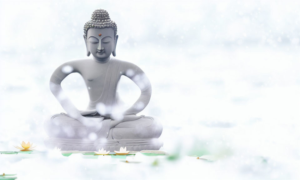 Tranquil Buddha statue meditating by water with lotus flowers