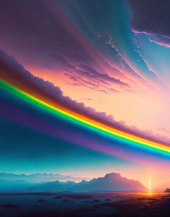 Colorful Rainbow Over Silhouetted Mountains and Water at Sunrise/Sunset