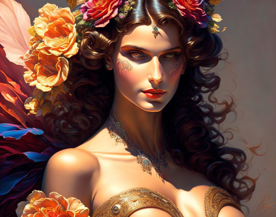 Intricate floral adornments on woman's digital portrait