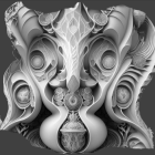 Symmetrical 3D fractal design with swirls, orbs, & lace-like textures